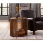 Velsa Dark Mango Solid Wood Round Slatted End Table Side Table | Wooden Side Table Online | Buy Wooden End Table Online | Slatted End Table | Soni Art | End Table for Living Room | Living Room Side Table