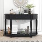 Bomen Style Curved Design Solid Wood Console Table, Entryway Table with 2 Top Drawers & Open Shelf for Living Room