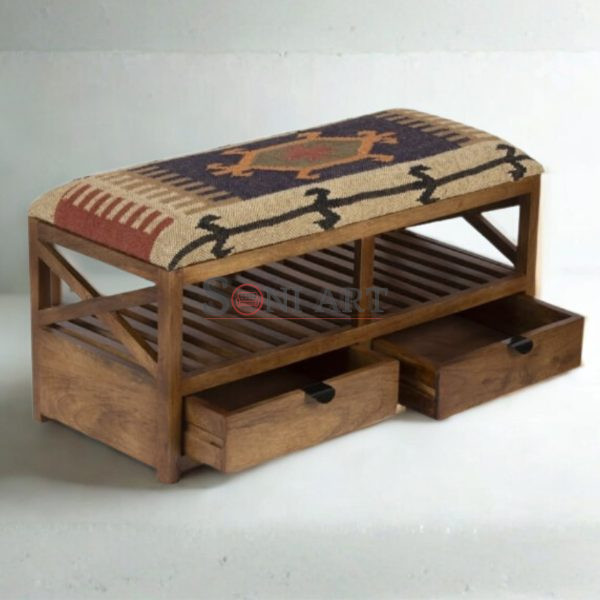 Duri Heart Oriental Wooden Handmade Upholstered Kilim Storage Bench | Wooden Bench with Storage | Wooden Bench | Upholstered Wooden Bench with Storage | Soni Art | Buy Wooden Bench with Storage Online