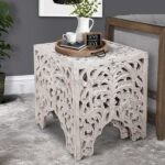 Myken Wooden End Table with Floral Cut Out Design, Set of 2, Antique White Finish | Wooden End Table | Wooden Side Table Online | Sofa Side Tables | Living Room Side Tables | Soni Art