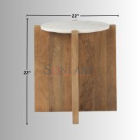 Bianca Round Light Brown Solid Wood & Marble Accent Table - Image 3