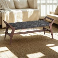 Tressa Solid Wood Bench with Leather Strap Seating Modern Chic Style | Wooden Bench Online | Solid Wood Bench with Leather Strap | Leather Wooden Bench | Solid Wood Furniture Online | Soni Art