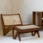 Pierre Jeanneret Kangaroo Chair Teak Wood Chair Wooden Cane in Back and Seat with Foot Reset for Living Room