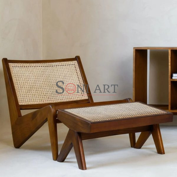 Pierre Jeanneret Kangaroo Chair Teak Wood Chair Wooden Cane in Back and Seat with Foot Reset for Living Room