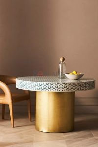 Triangu Bone Inlay Round Shape Dining Table Wooden Brass Base | Buy Wooden Round Dining Table Online | Round Dining Sets | Bone Inlay Furniture | Bone Inlay Dining Sets | Soni Art