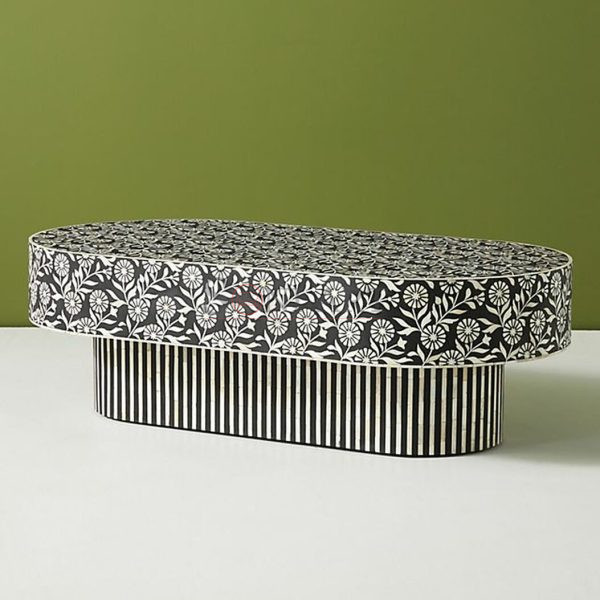 Sunflower Black and White Oval Shape Luxury Bone Inlay Coffee Table | Wooden Coffee Table Online | Solid Wood Coffee Table Online | Soni Art | Bone Inlay Furniture