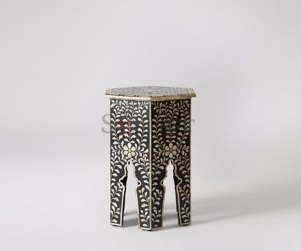 Flowery Hexagonal Shape Bone Inlay Side Table Living Room | Buy Side Table Online | Side Table for Living Room | Soni Art