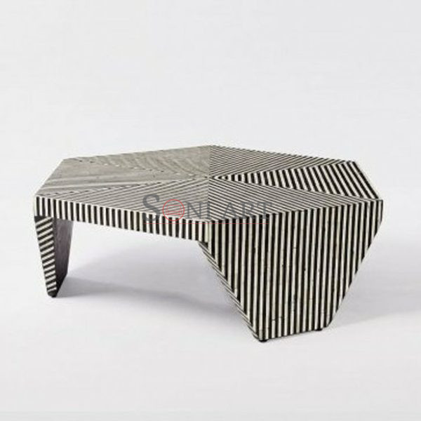 TriVista Striped Bone Inlay Designer Coffee Table Living Room | Coffee Table for Living Room | Wooden Coffee Table | Soni Art