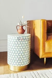 Triangu Bone Inlay Round Shape Side Table Green and White Color Living Room | Round Side Table | Wooden Side Table for Living Room | Sofa Side Table | Soni Art