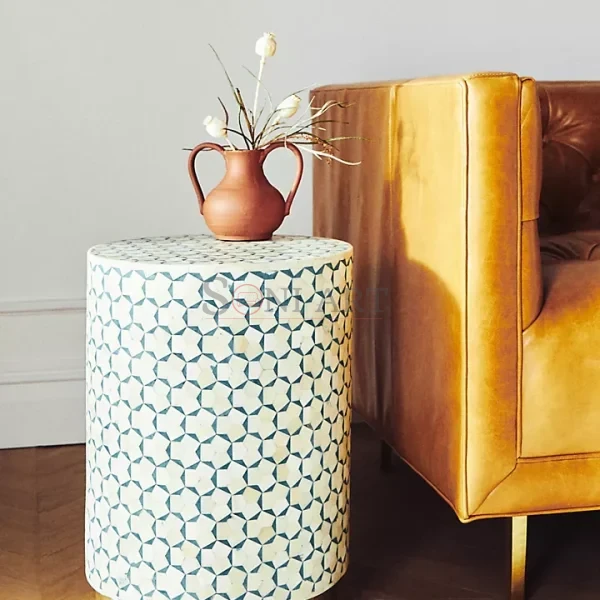 Triangu Bone Inlay Round Shape Side Table Green and White Color Living Room | Round Side Table | Wooden Side Table for Living Room | Sofa Side Table | Soni Art