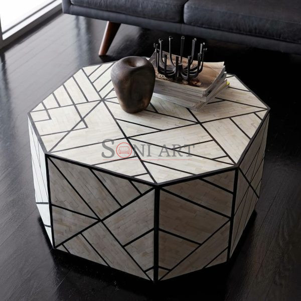 GeoTrace Bone Inlay Octagon Coffee Table by Soni Art | Wooden Coffee Table Online | Buy Coffee Table Online | Soni Art | Bone Inlay Furniture