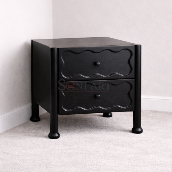 Wavy Solid Wood Bedside Table | Buy Wooden Bedside Table Online | Bedside Table with Drawers Online | Soni Art