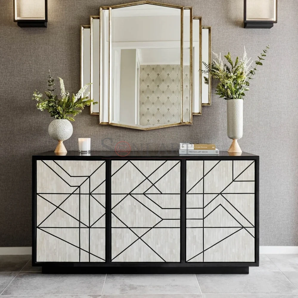Aurelia Lines Bone Inlay Sideboard in Ivory & Black Linear Geometric Design