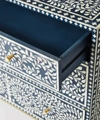 Flowery Bone Inlay Chest of Drawers – Blue & White Handcrafted Storage Cabinet - Image 3