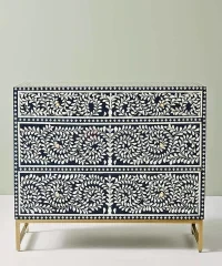 Flowery Bone Inlay Chest of Drawers – Blue & White Handcrafted Storage Cabinet - Image 4