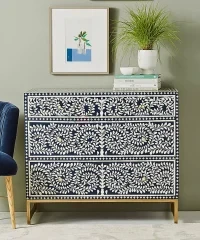 Azure Vine Bone Inlay Chest of Drawers – Blue & White Floral Handcrafted Storage Cabinet | Buy Bone Inlay Sideboard Cabinet | Bone Inlay Furniture Online | Soni Art