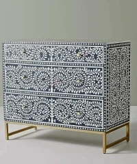 Flowery Bone Inlay Chest of Drawers – Blue & White Handcrafted Storage Cabinet - Image 2