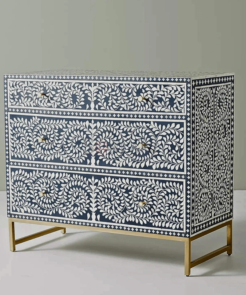 Azure Vine Bone Inlay Chest of Drawers – Blue White Floral Handcrafted Storage Cabinet 3 | Soni Art