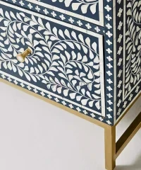 Flowery Bone Inlay Chest of Drawers – Blue & White Handcrafted Storage Cabinet - Image 6