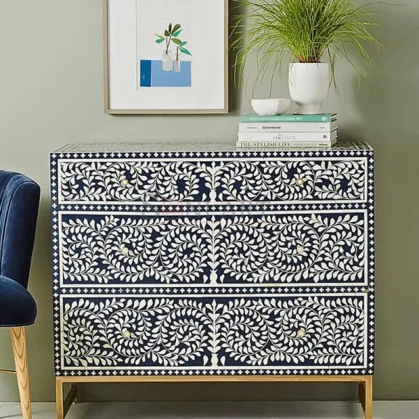 Azure Vine Bone Inlay Chest of Drawers – Blue & White Floral Handcrafted Storage Cabinet | Buy Bone Inlay Sideboard Cabinet | Bone Inlay Furniture Online | Soni Art