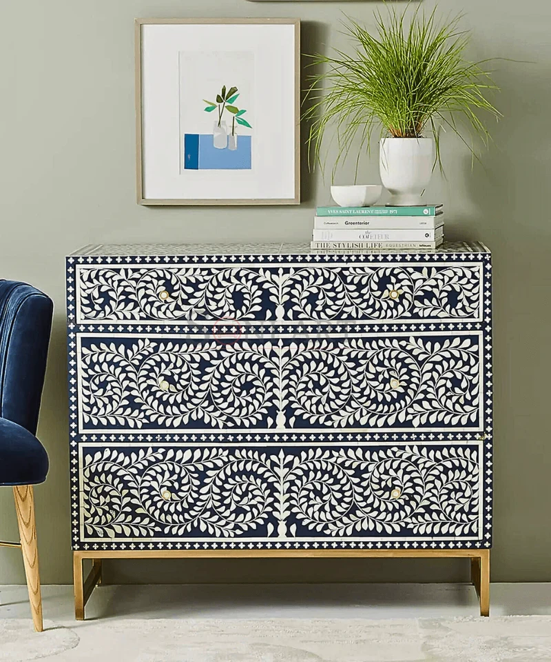 Azure Vine Bone Inlay Chest of Drawers – Blue & White Floral Handcrafted Storage Cabinet | Buy Bone Inlay Sideboard Cabinet | Bone Inlay Furniture Online | Soni Art