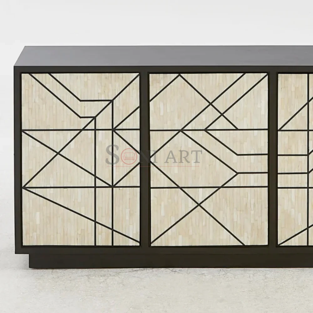Aurelia Lines Bone Inlay Sideboard in Ivory & Black Linear Geometric Design - Image 3