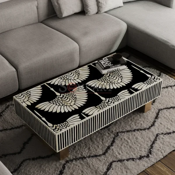Noir Crane Bone Inlay Coffee Table in Black with Ivory Bird Motif & Stripe Detailing | Bone Inlay Coffee Table | Soni Art