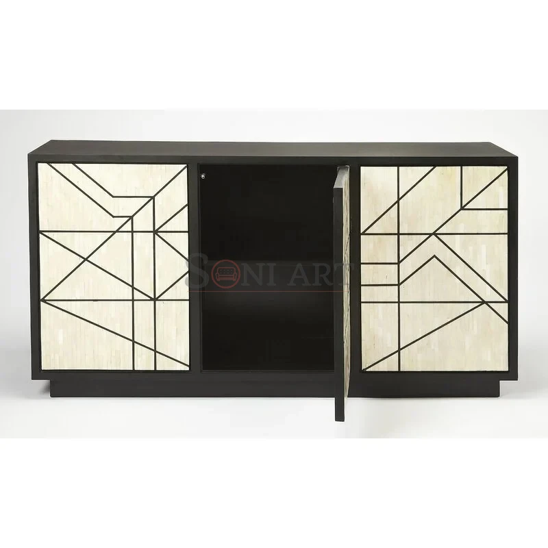 Aurelia Lines Bone Inlay Sideboard in Ivory & Black Linear Geometric Design - Image 6