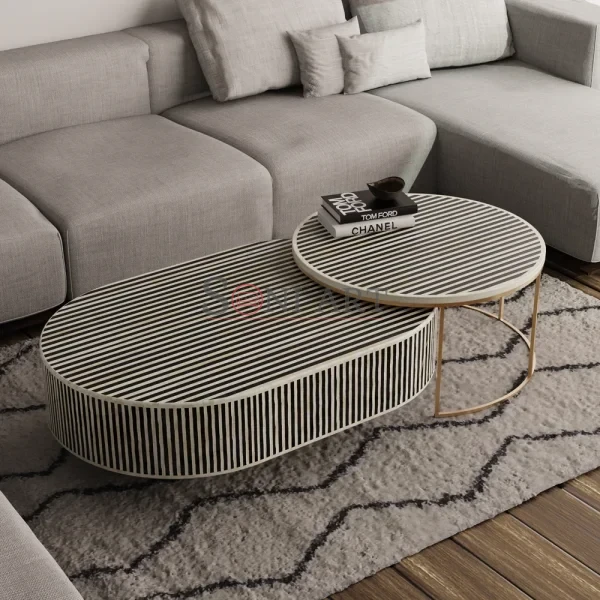 Noir Duo Bone Inlay Nesting Coffee Table Set in Black & White Stripe Design with Gold Base | Bone Inlay Side Table | Bone Inlay Coffee Table | Soni Art
