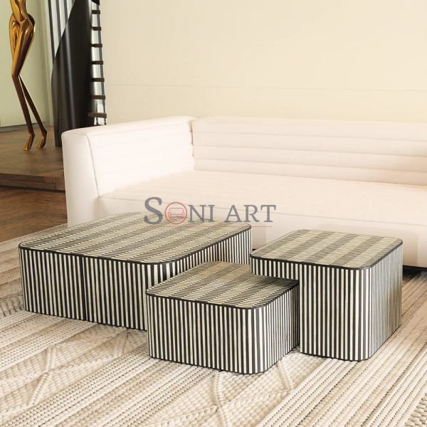 Grid Bone Inlay Nesting Coffee Table Set – Black & Ivory Geometric Design (Set of 3)