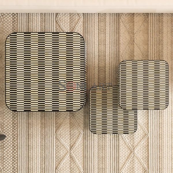 Grid Bone Inlay Nesting Coffee Table Set – Black & Ivory Geometric Design (Set of 3) | Bone Inlay Coffee Table Set | Buy Bone Inlay Furniture Online | Soni Art
