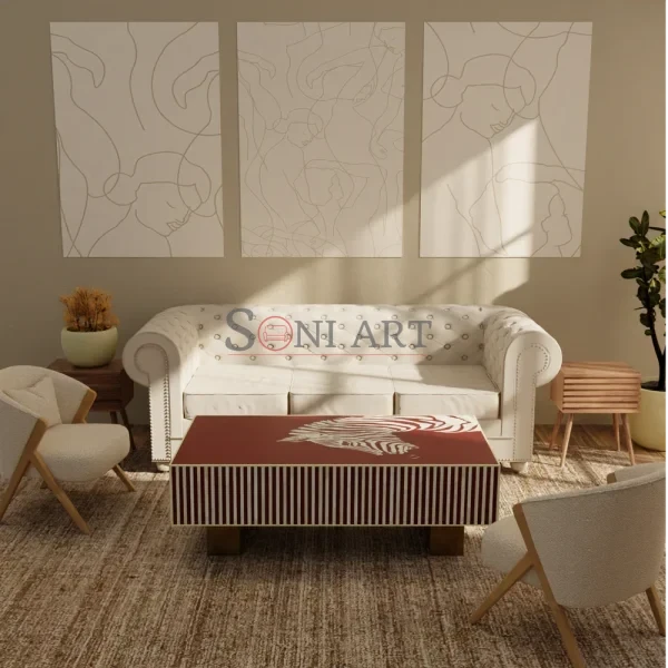 Rudra Crimson Bone Inlay Coffee Table in Red with Stripe Detailing & Artistic Motif | Bone Inlay Coffee Table | Bone Inlay Furniture Online | Soni Art