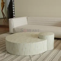 Ivora Eclipse Bone Inlay Coffee Table in Ivory with Sculptural Circular Design | Coffee Table for Living Room | Bone Inlay Coffee Table | Soni Art