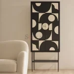 Noir Arc Bone Inlay Cabinet in Black & Ivory Geometric Design with Metal Base | Bone Inlay Cabinet | Cabinet in Black | Soni Art