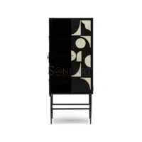 Noir Arc Bone Inlay Cabinet in Black & Ivory Geometric Design with Metal Base - Image 3