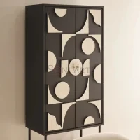 Noir Arc Bone Inlay Cabinet in Black & Ivory Geometric Design with Metal Base - Image 2