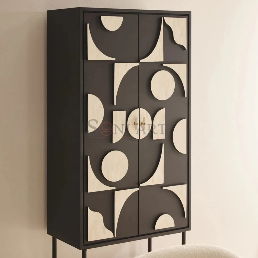 Noir Arc Bone Inlay Cabinet in Black Ivory Geometric Design with Metal Base 4 | Soni Art