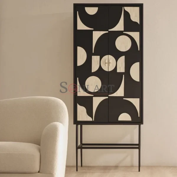 Noir Arc Bone Inlay Cabinet in Black & Ivory Geometric Design with Metal Base | Bone Inlay Cabinet | Cabinet in Black | Soni Art