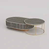 Noir Duo Bone Inlay Nesting Coffee Table Set in Black & White Stripe Design with Gold Base - Image 4