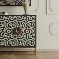 Noir Mosaic Bone Inlay Sideboard in Black & Ivory Abstract Pattern with Brass Base - Image 2