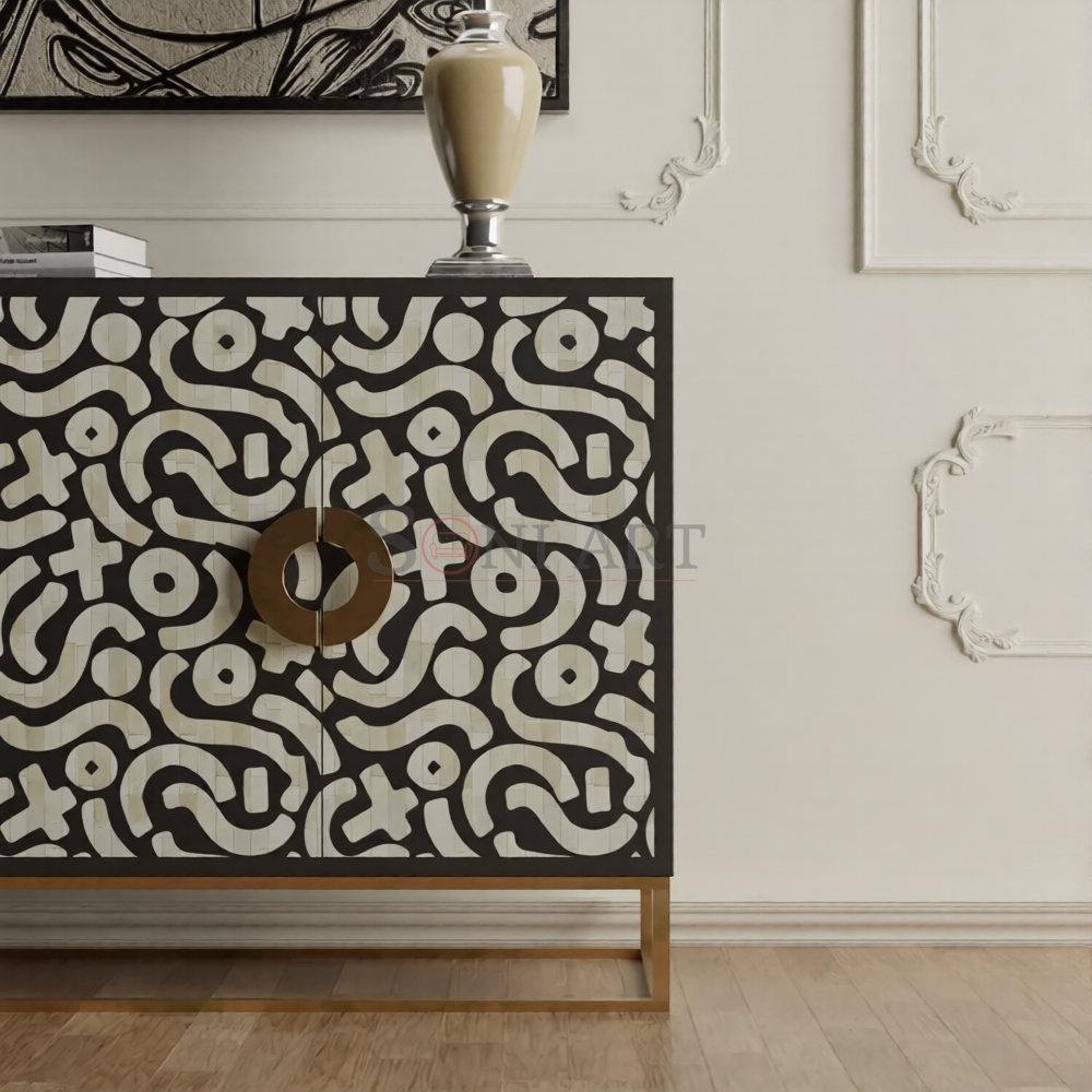 Noir Mosaic Bone Inlay Sideboard in Black Ivory Abstract Pattern with Brass Base 1 | Soni Art