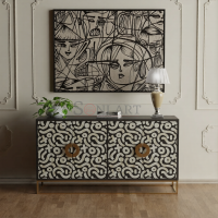 Noir Mosaic Bone Inlay Sideboard in Black & Ivory Abstract Pattern with Brass Base | Bone Inlay Sideboard In India | Soni Art