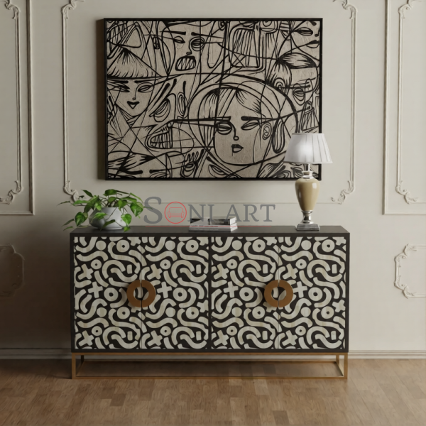 Noir Mosaic Bone Inlay Sideboard in Black & Ivory Abstract Pattern with Brass Base | Bone Inlay Sideboard In India | Soni Art