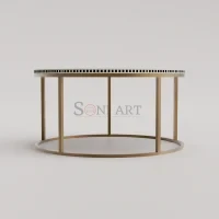 Noir Orb Round Bone Inlay Coffee Table in Black & White Geometric Design with Gold Base - Image 3