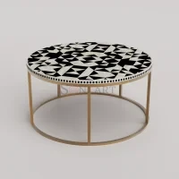Noir Orb Round Bone Inlay Coffee Table in Black & White Geometric Design with Gold Base - Image 2