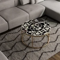 Noir Orb Round Bone Inlay Coffee Table in Black & White Geometric Design with Gold Base | Bone Inlay Coffee Table Online | Coffee Table for Living Room - Soni Art