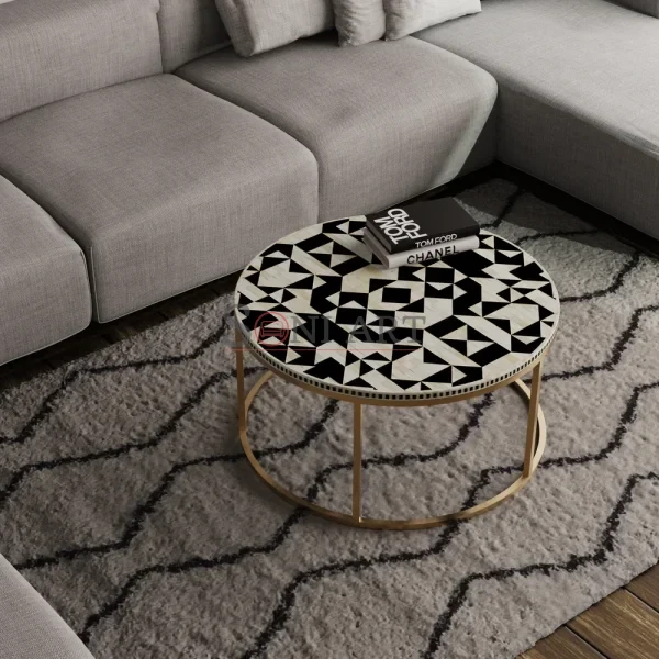 Noir Orb Round Bone Inlay Coffee Table in Black & White Geometric Design with Gold Base | Bone Inlay Coffee Table Online | Coffee Table for Living Room - Soni Art