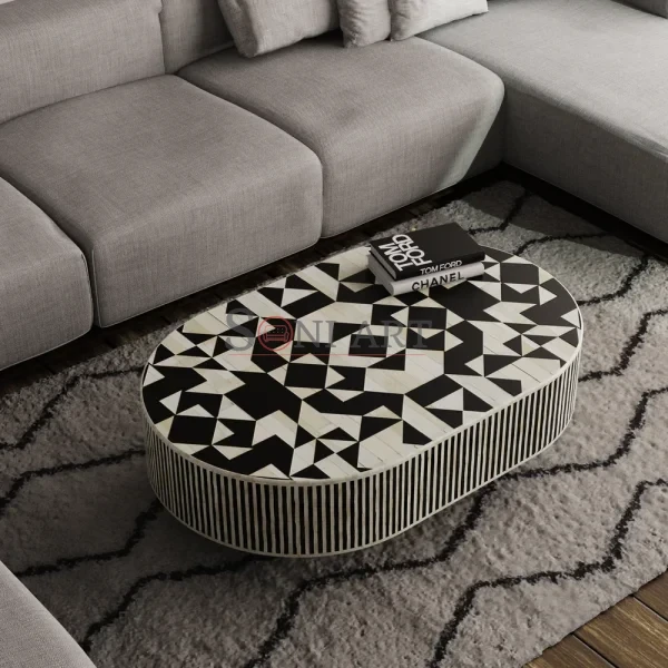 Aaryan Noir Bone Inlay Coffee Table in Black & White Geometric Design