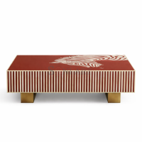 Rudra Crimson Bone Inlay Coffee Table in Red with Stripe Detailing & Artistic Motif - Image 2