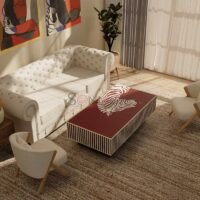 Rudra Crimson Bone Inlay Coffee Table in Red with Stripe Detailing & Artistic Motif - Image 2